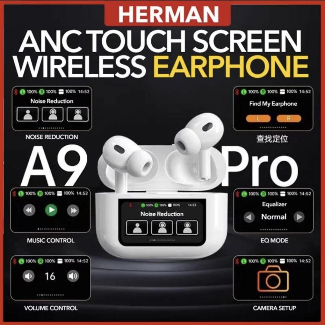 A9 Pro Earphones Wireless Bluetooth 5.4 Headset ANC Noise Reduction Mic Call Earbuds LED Touch Screen Control Headphone