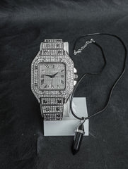 Iced Out Men Watch Luxury Diamond Square Roman Dial+Luxuary Locket