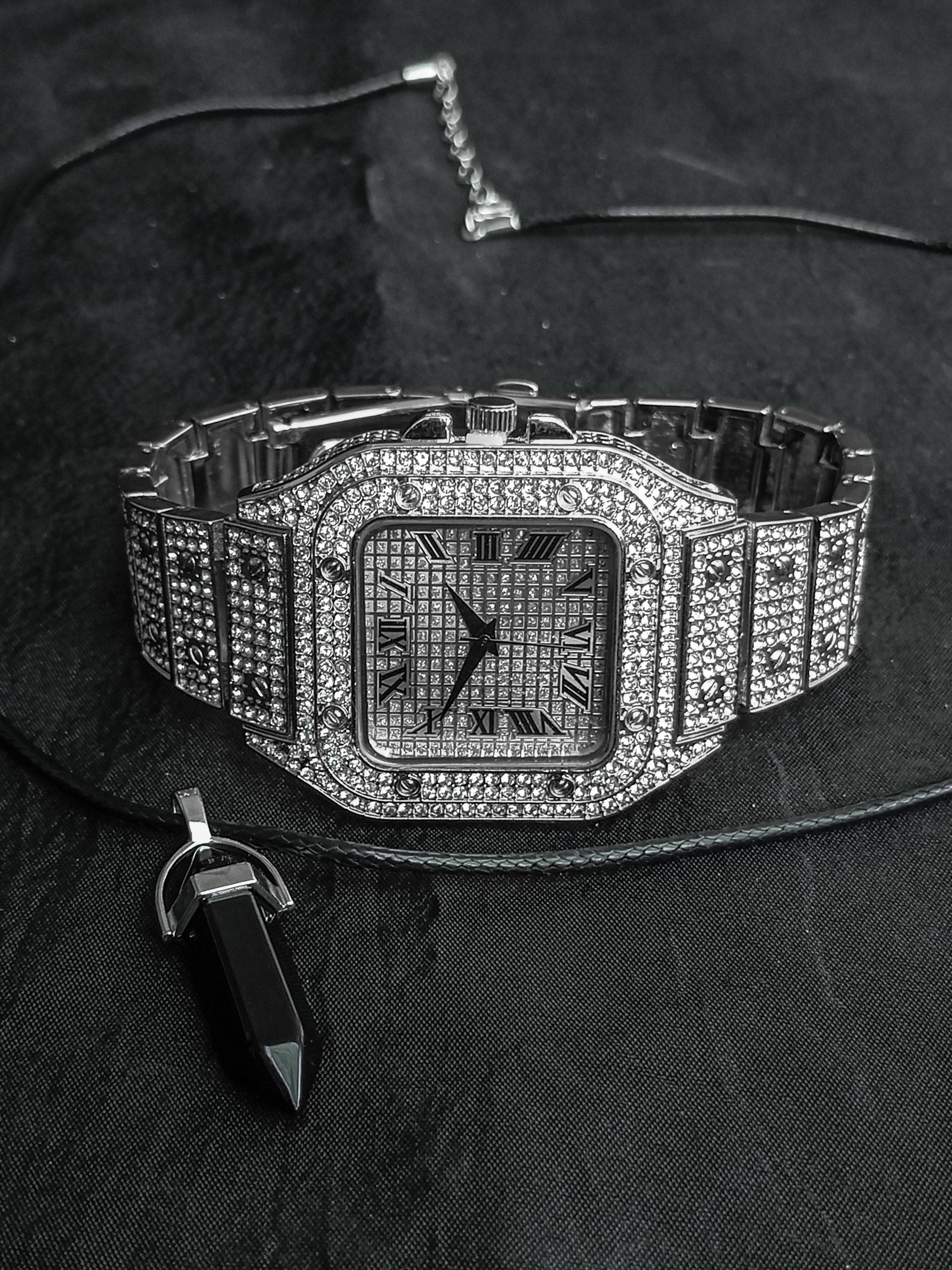 Iced Out Men Watch Luxury Diamond Square Roman Dial+Luxuary Locket